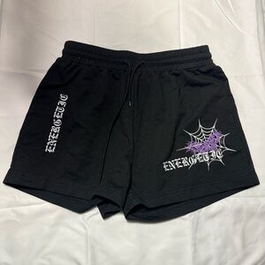 SHEIN Black Athletic Shorts with Purple Web Design
